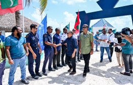 CEO of Maldives Ports Limited (MPL) Mohamed Wajeeh being welcomed to Haa Alif Uligan upon his arrival to inaugurate the Uthuru (North) ISPS Gateway Project. -- Photo: Nishan Ali / Mihaaru News