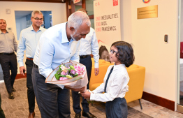 President Dr Mohamed Muizzu being welcomed upon his arrival at the Permanent Mission of the Republic of Maldives to the United Nations to convene with the Maldivian community residing in America. -- Photo: President's Office