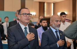 Minister of Cities, Local Government and Public Works Adam Shareef Umar and Minister of Education Ismail Shafeeu in attendance at the ceremony held to celebrate Saudi Arabia's 94th National Day. -- Photo: President's Office