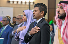 Vice President Hussain Mohamed Latheef and Second Lady Aishath Afreen Mohamed in attendance at the ceremony held to celebrate Saudi Arabia's 94th National Day. -- Photo: President's Office