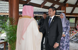 Ambassador of Saudi Arabia to the Maldives, Matrek Abdullah Al-Ajalin Aldosari welcoming Vice President Hussain Mohamed Latheef upon his arrival at the ceremony held to celebrate the 94th National Day of Saudi Arabia. -- Photo: President's Office