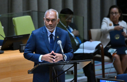 President Dr. Muizzu during his address at the High-Level Meeting on Sea Level Rise, held as part of the 79th session of the United Nations General Assembly -- President's Office.