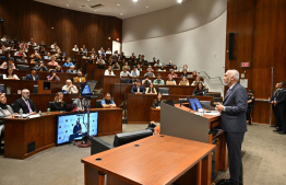 President Dr. Mohamed Muizzu addressing the students of Princeton University during the “Dean’s Leadership Series". During his speech, he clarified Maldives' efforts on expanding its economic avenues and broadening opportunities for foreign investors -- Photo: President's Office