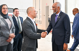 President Dr. Mohamed Muizzu being greeted at Princeton University by American Ambassador to the Maldives -- Photo: President's Office