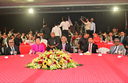 President Dr Mohamed Muizzu, Vice President Hussain Mohamed Latheef, Speaker of Parliament Abdul Raheem Abdulla, Former President Mohamed Waheed and Ambassador of the Republic of China to Maldives Wang Lixin attending the 75th National Day reception of China -- Photo: President's Office