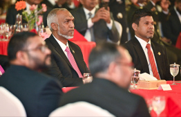 President Dr Mohamed Muizzu and Vice President Hussain Mohamed Latheef attending the reception held to mark the 75th anniversary of the founding of the People's Republic of China -- Photo: Fayaz Moosa