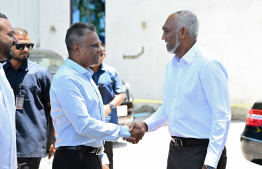 President Dr. Mohamed Muizzu being welcomed by Mayor of Malé City Council Adam Azim after arriving at the opening ceremony of Aa Sahara Mosque and funeral home -- Photo: President's Office