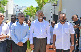 President Dr. Mohamed Muizzu (C), Mayor of Malé City Council Adam Azim (L) and Deputy Mayor of Malé City Council Ahmed Nareesh (R) participating in the opening ceremony of the newly renovated Aa Sahara Mosque and attached funeral home -- Photo: President's Office