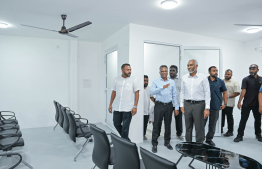 President Dr. Mohamed Muizzu observing the now expanded visitors waiting area following the opening ceremony of the Aa Sahara Mosque and funeral home -- Photo: President's Office