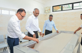 President Dr. Mohamed Muizzu observing the newly expanded area of the funeral home. He is accompanied by Mayor of Malé City Adam Azim and Minister of Cities and Local Government, Adam Shareef -- Photo: President's Office