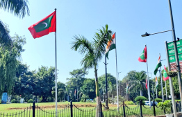 Streets of New Delhi adorned with flags of Maldives and India