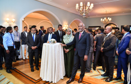 The President along with the first lady and other government ministers attending the ceremony held to promote Tourism and Business in the Maldives visit to India. --- Photo: President's Office