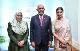 Bollywood actress Shreya Saran poses for a picture with President Muizzu and the first lady at the networking event held in Mumbai to promote Maldives Tourism and business. --- Photo: President's Office