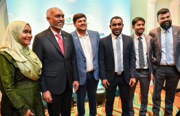 MMPRC officials and Tourism Minister Ibrahim Faisal pose with the President and the first lady at the ceremony held in Mumbai to promote Maldives tourism and business. -- Photo - President's office