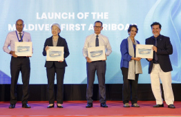 Minister Adam Shareef, Japanese Ambassador Takeuchi Midori, and some senior officials from UNDP at the ceremony held to inaugurate the 'Agri Boat'. -- Photo: UNDP