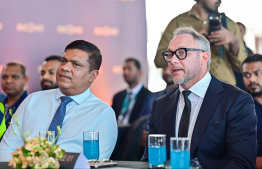 Beond's CEO and Chairman Tero Taskila and Transport Minister Ameen at the event to celebrate one year of service at Beond -- Photo: Fayaz Moosa | Mihaaru