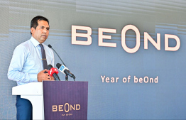 Economic Minister Mohamed Saeed speaking at the event held to celebrate one year of service at Beond -- Photo: Fayaz Moosa | Mihaaru