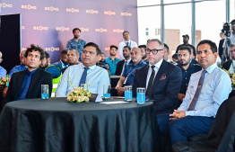 Economic Minister Mohamed Saeed and Transport Minister Ameen with Beond and SIMDI leadership at the event to celebrate one year of service at Beond -- Photo: Fayaz Moosa | Mihaaru