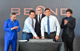 Economic Minister Saeed and Transport Minister Ameen with the Beond and SIMDI management at the cake cutting event of the ceremony to celebrate Beond's one year anniversary -- Photo: Fayaz Moosa | Mihaaru