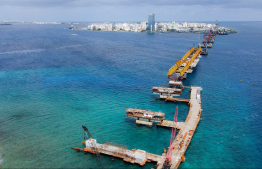 Thilamalé Bridge construction in progress. Aerial view of the bridge area connecting Malé and Villimalé. Super structures are now being laid out -- Photo: Nishan Ali | Mihaaru