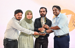 Adhadhu News team receive the Journalism Awards in Video Documentary for their work " Kandholhudhooge Fandu Nuvi Handhaan" -- Photo: Fayaz Moosa