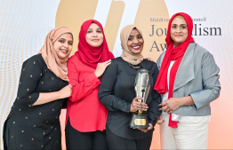 Mihaaru News team with Fathimath Shana who won the Best Journalist of the Year Award at the MMC Journalism Awards ceremony -- Photo: Nishan Ali