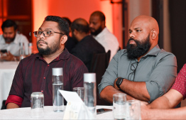 Mihaaru News editor Ahmed Hamdhoon and one of the judges for the awards Abdulla Azmeen attending the ceremony -- Photo: Nishan Ali