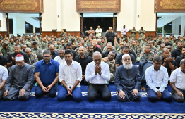 President Muizzu, Vice President Latheef, and rows of MNDF officers during Fajr prayers early this morning.-- Photo: President's Office