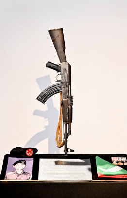 Weapon used by Shaheed Hussain Adam during the terrorist attack on November 3, 1988 on display at the exhibition. The martyred corporal was guarding the main gate of the military headquarters during the onset of the attack -- Photo: Nishan Ali