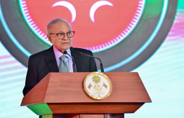 Former President Maumoon Abdul Gayoom speaks at last night's Victory Day ceremony.-- Photo: President's Office