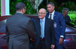 Former President Maumoon Abdul Gayoom arrives at last night's Victory Day ceremony.-- Photo: President's Office