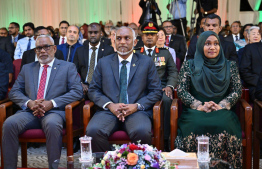 President Dr. Mohamed Muizzu, First Lady Sajidha Mohamed, Vice President Hussain Mohamed and his wife, as well as Speaker of the Parliament Abdul Raheem Abdulla and other ministers at the Republic day event held at Dharubaaruge -- Photo: President's Office