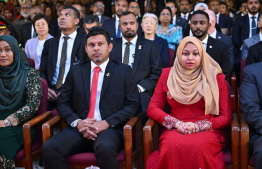 Vice President Hussain Mohamed and his wife Aishath Afreen participating in the Republic Day event held at Dharubaaruge -- Photo: President's Office