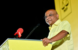 MDP President Abdulla Shahid speaking at last night's rally.-- Photo: Nishan Ali / Mihaaru