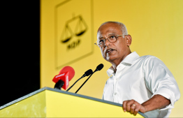 Former President Ibrahim Mohamed Solih speaking at last night's rally.-- Photo: Nishan Ali / Mihaaru