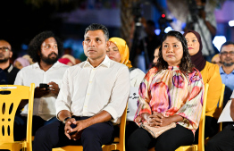 Former Vice President Faisal Naseem and former Thulhaadhoo MP Hisaan Hussain at last night's rally.-- Photo: Nishan Ali / Mihaaru