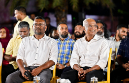 Former President Ibrahim Mohamed Solih (R) and MDP Chairperson Fayyaz Ismail at last night's rally.-- Photo: Nishan Ali / Mihaaru