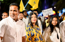 MP Dr Ahmed Shamheed and former MP Rozaina Adam at last night's rally.-- Photo: Nishan Ali / Mihaaru