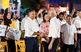 Former Vice President Faisal Naseem greets Former President Ibrahim Mohamed Solih.-- Photo: Nishan Ali / Mihaaru