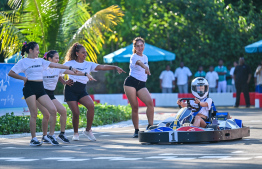 Kandima Maldives staff ready to use the e-go-karting track, the first of its kind in Maldives, during the track inauguration day -- Photo: Fayaz Moosa | Mihaaru