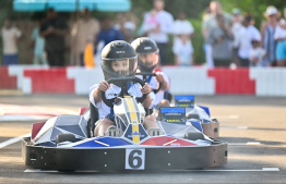 Kandima Maldives staff ready to use the e-go-karting track, the first of its kind in Maldives, during the track inauguration day -- Photo: Fayaz Moosa | Mihaaru