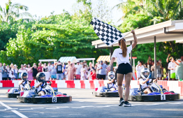 Kandima Maldives staff ready to use the e-go-karting track, the first of its kind in Maldives, during the track inauguration day -- Photo: Fayaz Moosa | Mihaaru