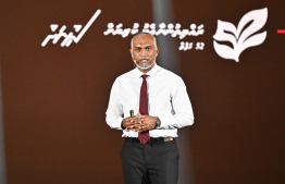 President Dr Mohamed Muizzu speaking during a ceremony held on occasion of his administration competing one year -- Photo: Fayaz Moosa