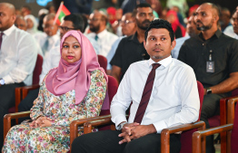 Vice President Hussain Mohamed Latheef (L) and wife at the ceremony held last night at the Social Centre to mark one year in office.-- Photo: Fayaz Moosa / Mihaaru