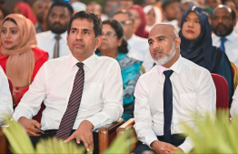 Minister of Economic Development and Trade Mohamed Saeed (L) and Minister of Education Ismail Shafeeu (R) at the ceremony held last night at the Social Centre to mark one year in office.-- Photo: Fayaz Moosa / Mihaaru