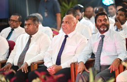 Minister of Dhivehi Language, Culture and Heritage Adam Naseer (L), Minister of Housing, Land and Urban Infrastructure Dr Ali Haidar (C) and Minister of Sports, Fitness and Recreation Abdulla Rafiu at the ceremony held last night at the Social Centre to mark one year in office.-- Photo: Fayaz Moosa / Mihaaru