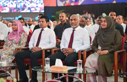 President Dr Mohamed Muizzu with First Lady Sajida Mohamed, and Vice President Hussein Mohamed Latheef with his wife Aishath Afreen attending the ceremony marking the government's first year in office -- Photo: Fayaz Moosa | Mihaaru