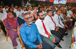 Attendees at the ceremony held last night at the Social Centre to mark one year in office of President Dr Mohamed Muizzu's administration.-- Photo: Fayaz Moosa / Mihaaru