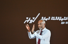 President Dr Mohamed Muizzu at the ceremony held last night at the Social Centre to mark one year in office of his administration.-- Photo: Fayaz Moosa / Mihaaru