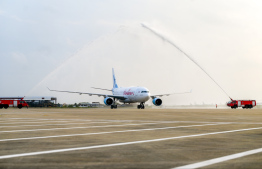 Maldivian's first wide body aircraft, A330 receives a water salute at Velana International Airport -- Photo: Nishan Ali